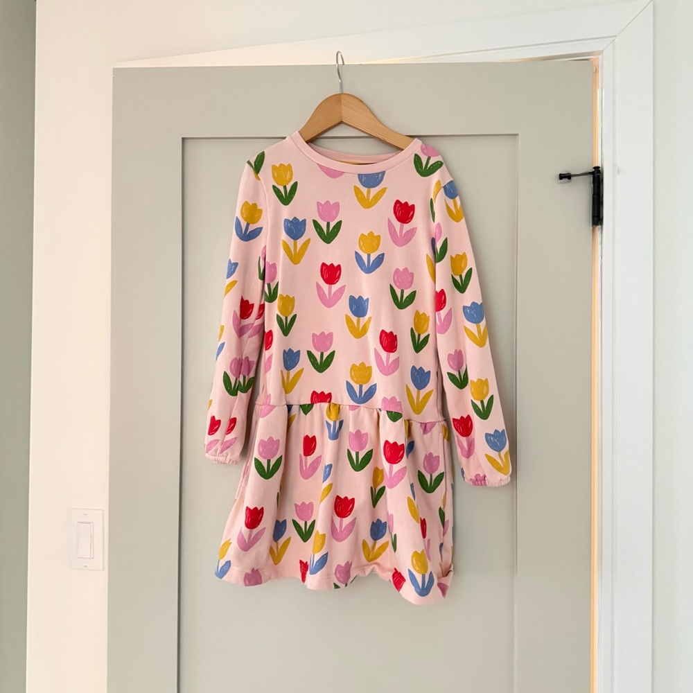 Mini Boden Pink Tulip Print Sweatshirt Dress 9-10